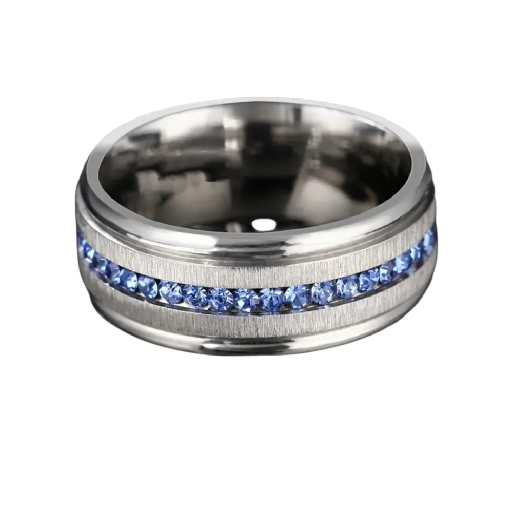 New Men's Stainless Steel Band Ring with Blue Cubic Zirconia Row Size 11